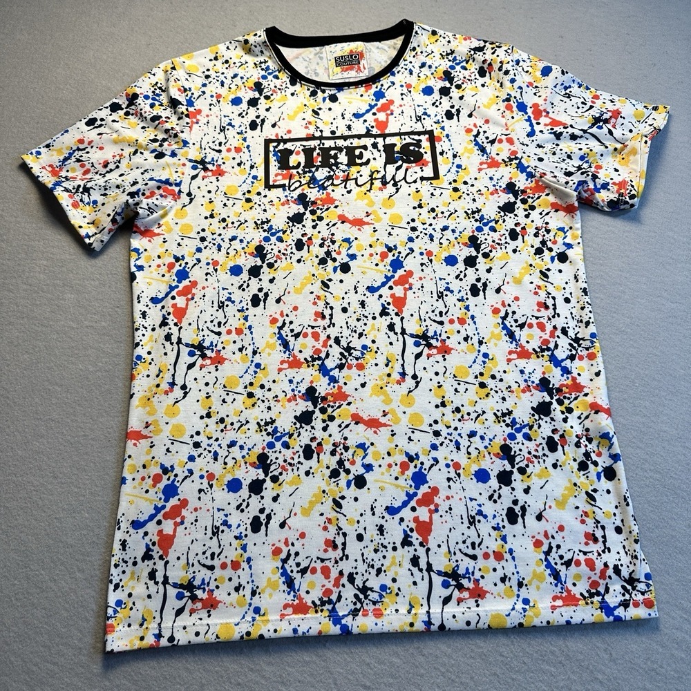 Suslo Couture Life Is Beautiful Graphic TShirt White Multicolor Paint Mens Large